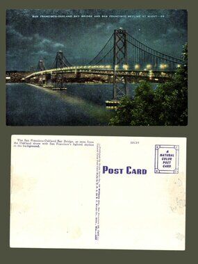 10/$25 Vintage 1930s San Francisco-Oakland Bay Bridge at Night Linen Postcard